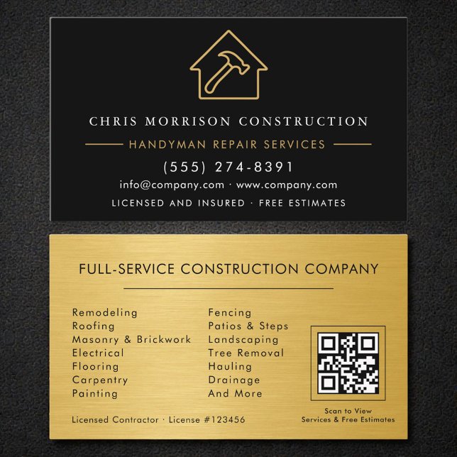 QR Code Industrial Black Gold Handyman  Business Card (Creator Uploaded)