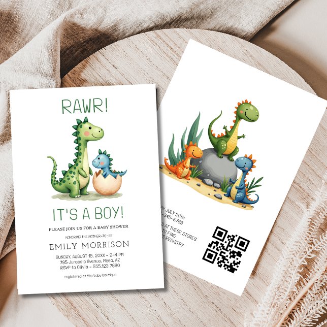 QR Code It's a Boy Cute Dinosaur Baby Boy Shower Invitation (Creator Uploaded)