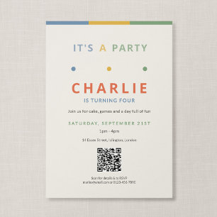 QR Code Its A Party Colorful Kids Birthday Invitation