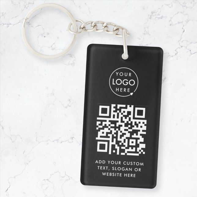 QR Code Keychain | Business Logo Modern Black (Versatile editable keychain template with interactive QR code & your business logo.)