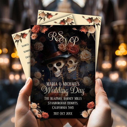QR Code Kissing Skeletons RSVP Gothic Wedding Enclosure Card