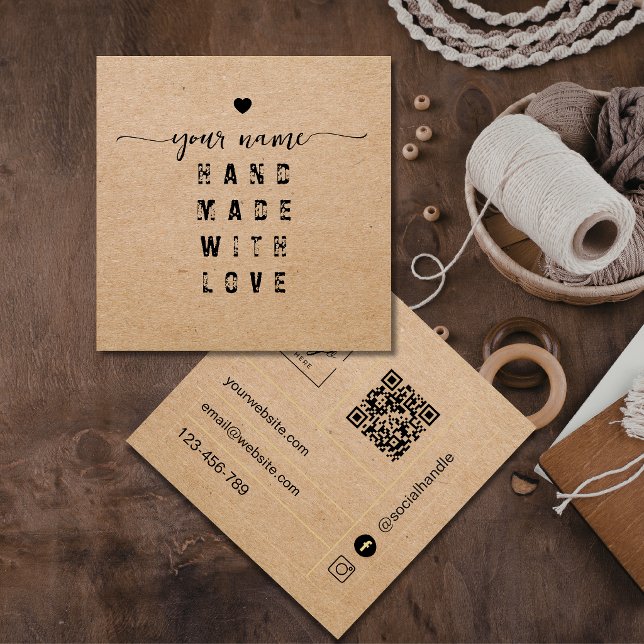 Qr Code Kraft Handmade with love Square Business Card (Creator Uploaded)
