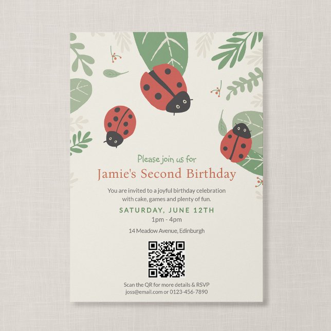 QR Code Ladybug Illustrated Little Bug Birthday Invitation (Ladybird Meadow - 5x7" Invitation with QR Code)