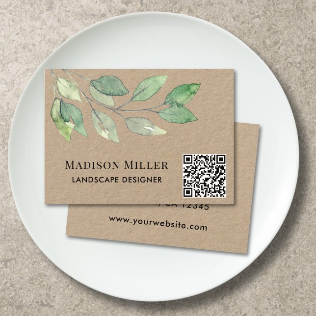QR Code Landscape Designer Watercolor Greenery Business Card (Creator Uploaded)
