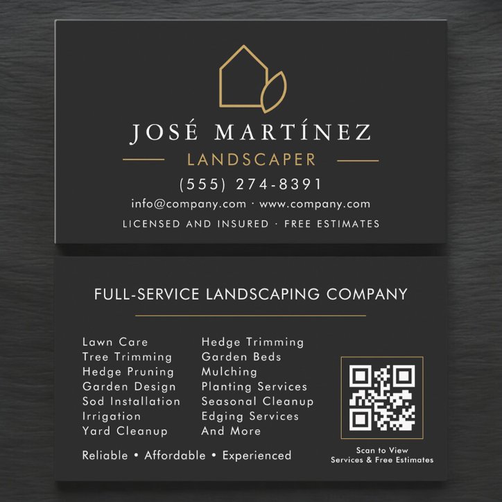 QR Code Landscaper Lawn Service Black Gold Business Card