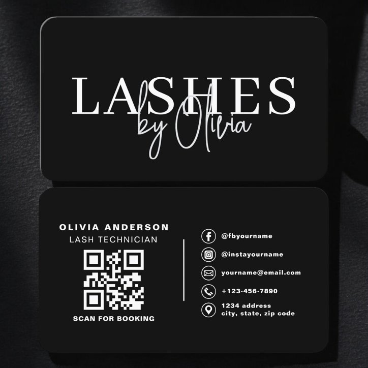 QR Code Lashes Technician Black White Business Card