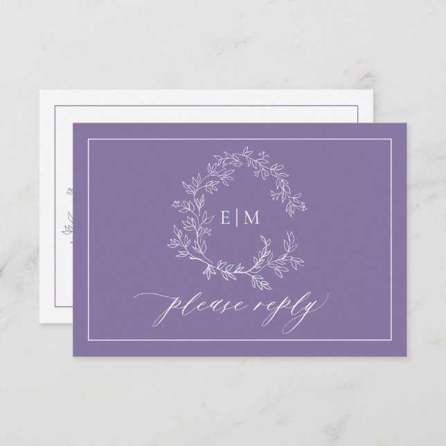 QR Code Lavender Leafy Crest Monogram Wedding RSVP Card (Front/Back)