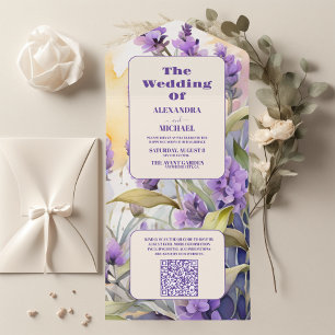 QR Code Lavender Purple Floral Elegant Wedding All In One Invitation