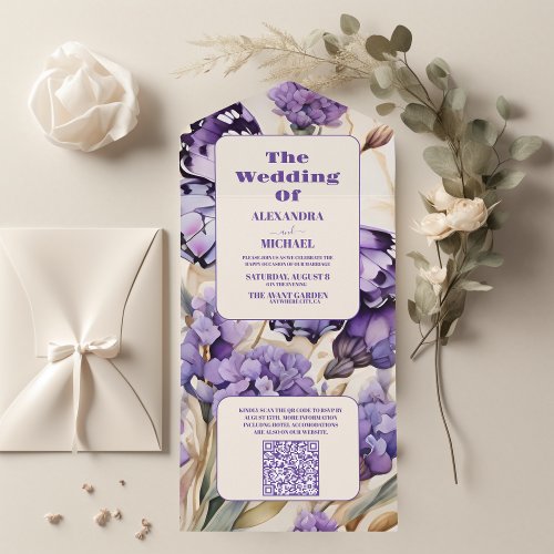 QR Code Lavender Purple Floral Elegant Wedding All In One Invitation