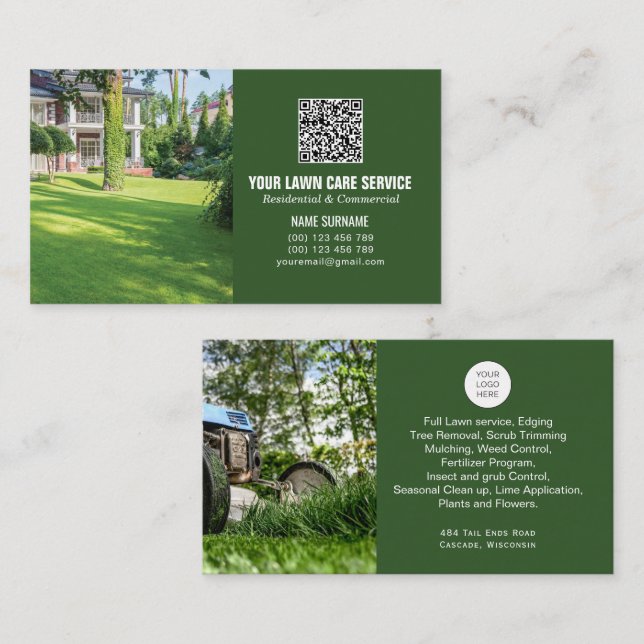 QR code Lawn Care business card with photos (Front/Back)