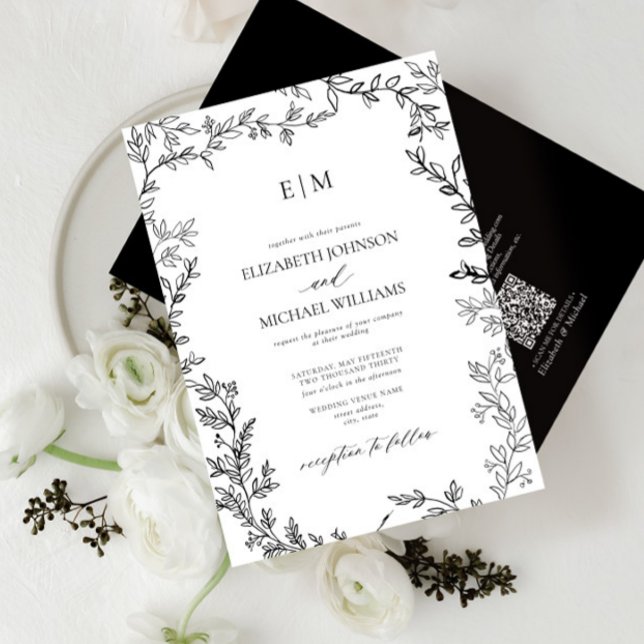 QR Code Leaf Black White Elegant Monogram Wedding Invitation (Creator Uploaded)