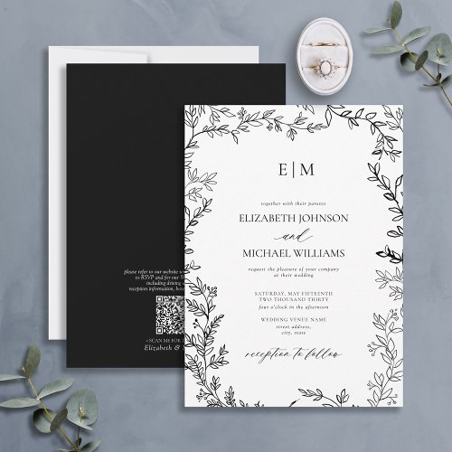 QR Code Leaf Black White Elegant Monogram Wedding Invitation