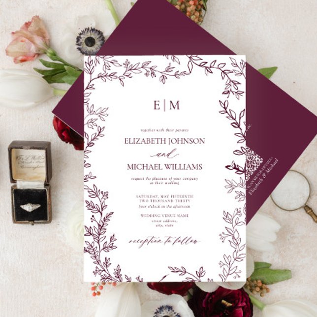 QR Code Leaf Burgundy Elegant Monogram Wedding  Invitation (Creator Uploaded)