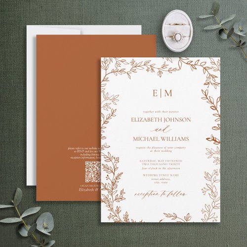 QR Code Leaf Burnt Orange Elegant Monogram Wedding Invitation