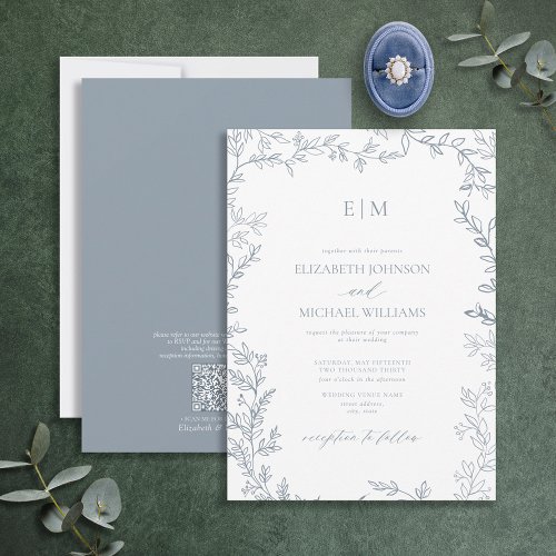 QR Code Leaf Dusty Blue Elegant Monogram Wedding Invitation