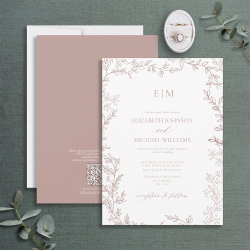QR Code Leaf Dusty Rose Elegant Monogram Wedding Invitation