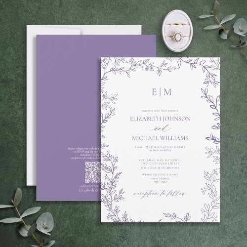 QR Code Leaf Lavender Elegant Monogram Wedding Invitation