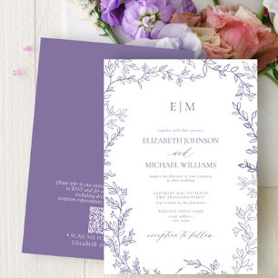 QR Code Leaf Lavender Elegant Monogram Wedding Invitation