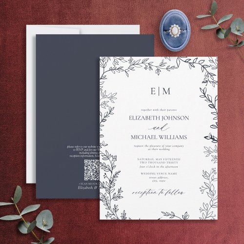 QR Code Leaf Navy Blue Elegant Monogram Wedding Invitation