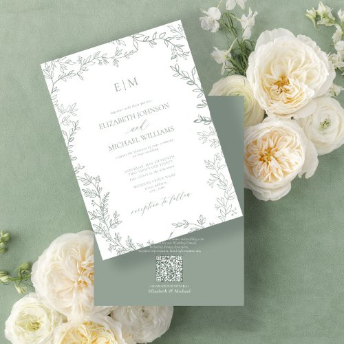 QR Code Leaf Sage Green Elegant Monogram Wedding Invitation
