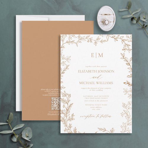 QR Code Leaf Terracotta Elegant Monogram Wedding Invitation