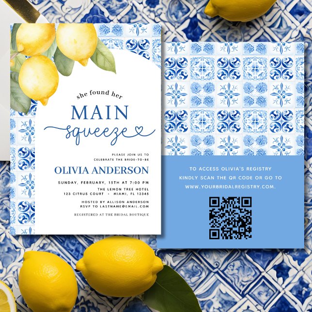 QR Code Lemon Main Squeeze Bridal Shower Invitatio Invitation (Creator Uploaded)