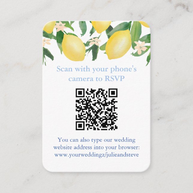 QR Code Lemons Blue And White Citrus Wedding RSVP Enclosure Card (Front)