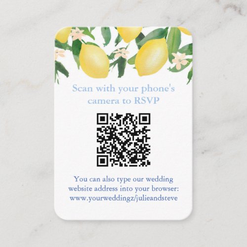 QR Code Lemons Blue And White Citrus Wedding RSVP Enclosure Card