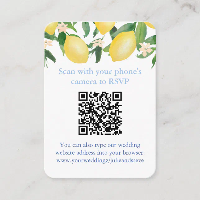 QR Code Lemons Blue And White Citrus Wedding RSVP Enclosure Card Zazzle
