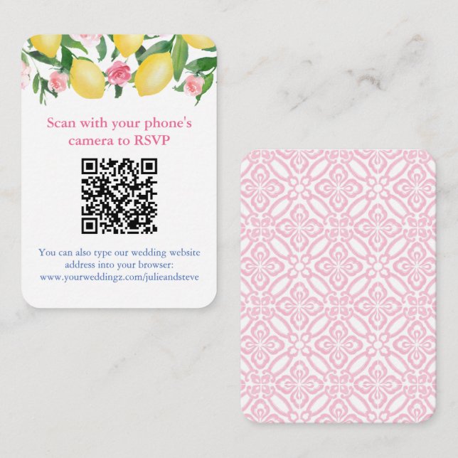 QR Code Lemons Pink And White Online RSVP Enclosure Card (Front/Back)