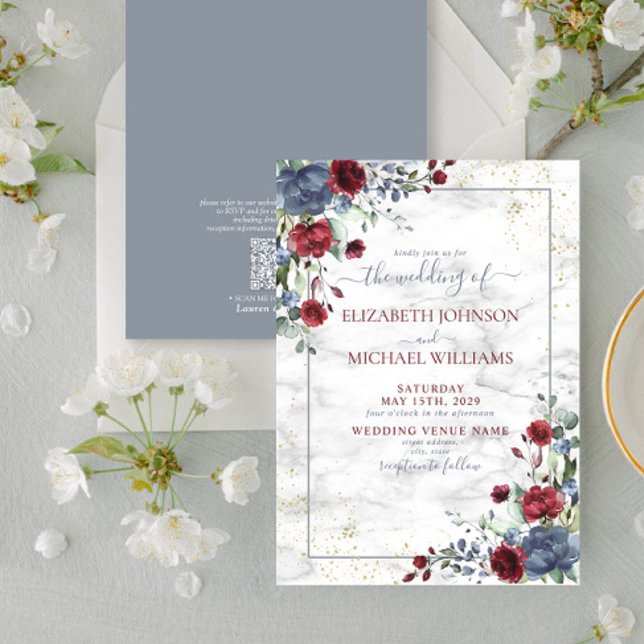 QR Code Light Dusty Blue Burgundy Gold Floral Invitation (Creator Uploaded)