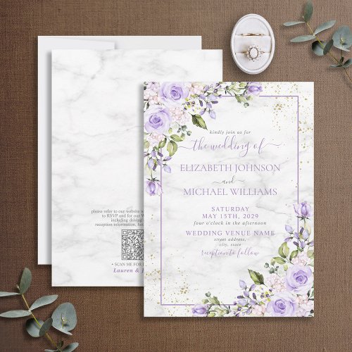 QR Code Lilac Lavender Gold Marble Floral Wedding Invitation