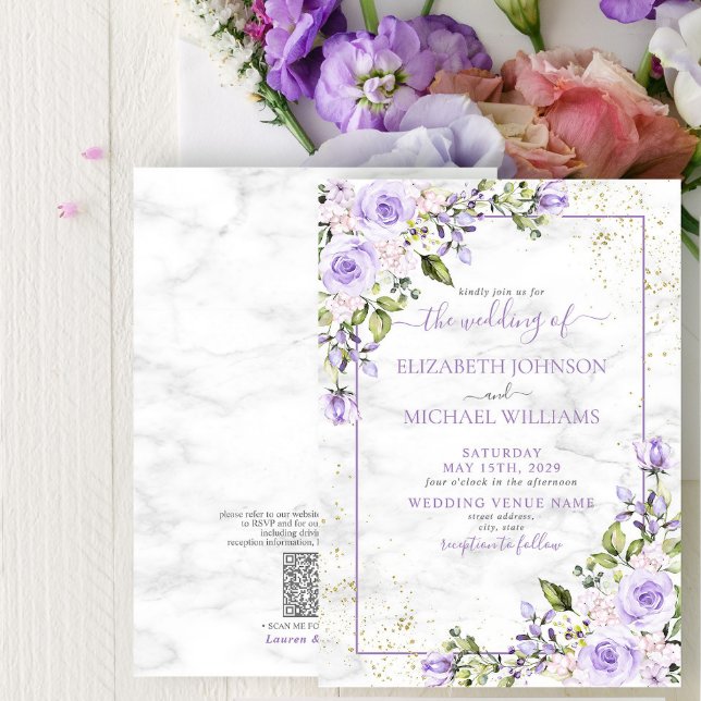QR Code Lilac Lavender Gold Marble Floral Wedding Invitation (Creator Uploaded)
