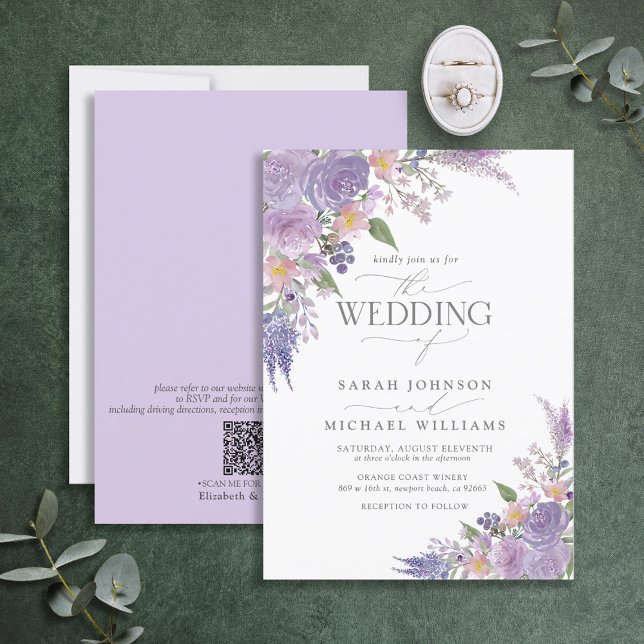 QR Code Lilac Lavender Mauve Script Floral Wedding Invitation (Creator Uploaded)