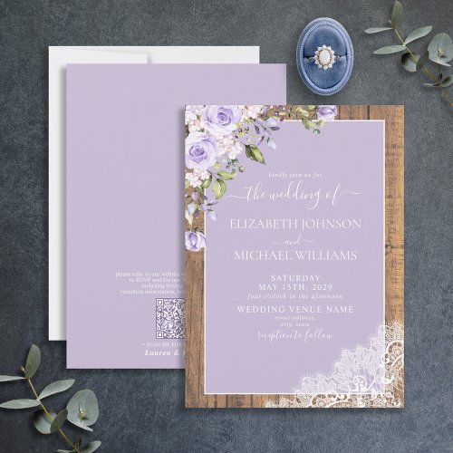 QR Code Lilac Lavender Rustic Wood Lace Wedding Invitation