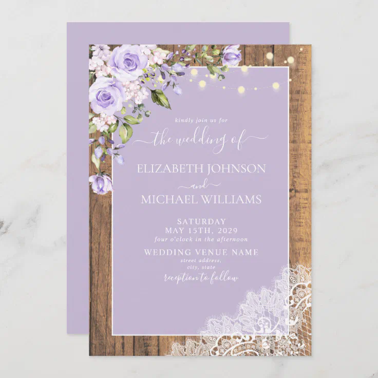 Qr Code Lilac Lavender Rustic Wood Lace Wedding Invitation Zazzle