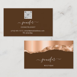 Qr Code Logo Abstract Copper Stroke Glitter Brown Business Card 