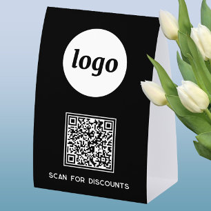 QR Code Logo Business Scan for Discounts Black Paper Table Tent
