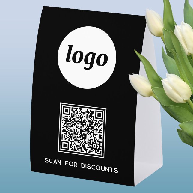 QR Code Logo Business Scan for Discounts Black Paper Table Tent (Simple logo with custom text business branding promotional QR code table tent sign)