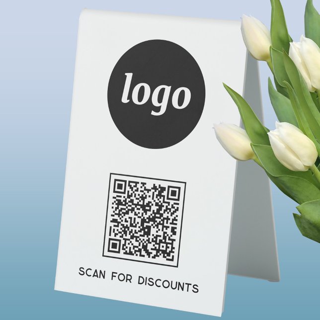 QR Code Logo Business Scan for Discounts Table Tent (Simple logo with custom text business branding promotional QR code table tent sign)