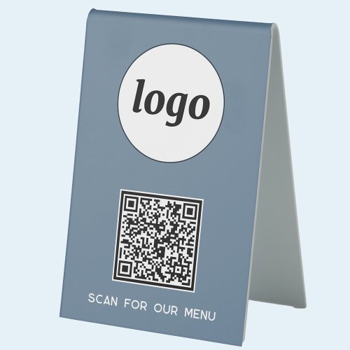QR Code Logo Business Scan for Menu Blue Table Tent Sign