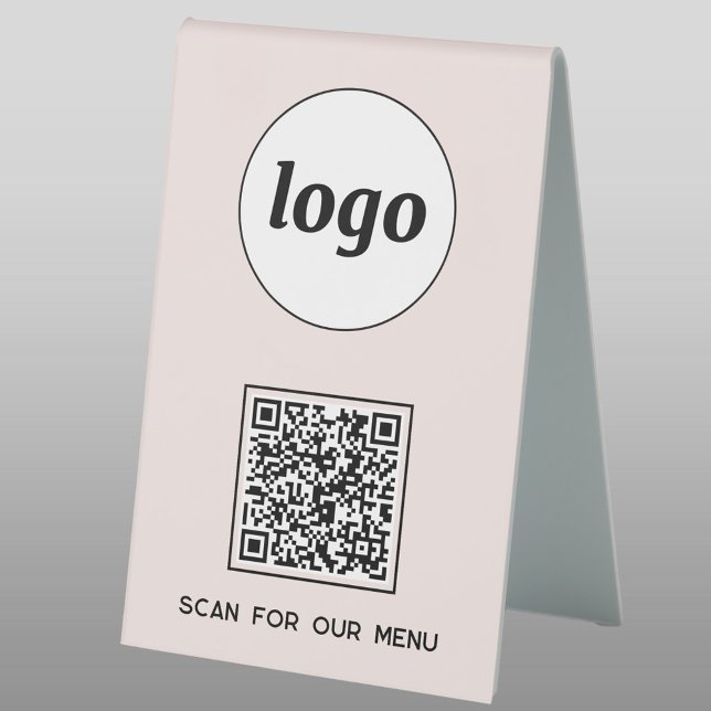 QR Code Logo Business Scan for Menu Blush Pink Table Tent (Logo QR code custom text business promotional table tent sign)