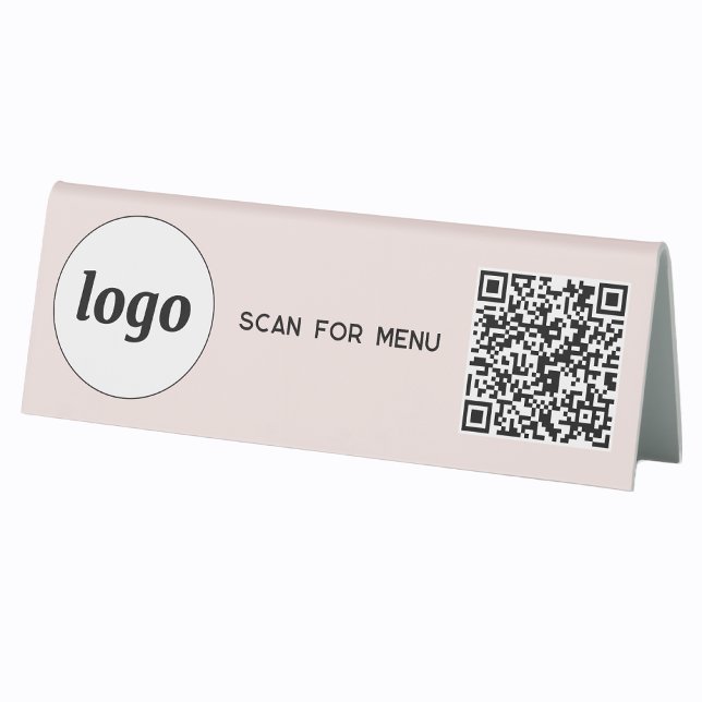 QR Code Logo Business Scan for Menu Blush Pink Table Tent (Logo QR code scan for menu table tent sign business cafe restaurant shop store signage and more)
