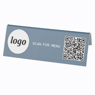 QR Code Logo Business Scan for Menu Dusty Blue Table Tent