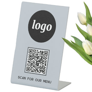 QR Code Logo Business Scan for Menu Light Blue Pedestal Sign