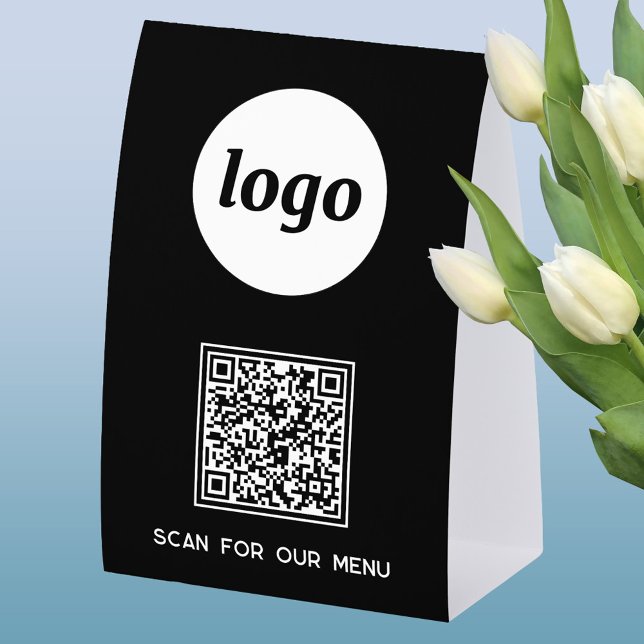 QR Code Logo Business Scan for Menu Paper Table Tent (Simple logo with custom text business branding promotional QR code table tent sign )