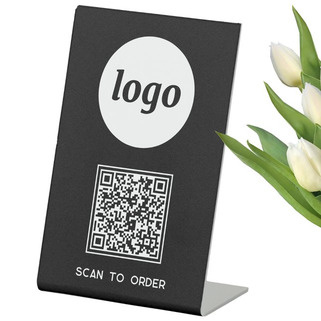 QR Code Logo Business Scan to Order Black Pedestal Sign (Logo with QR code and custom text business promotional Scan to Order pedestal sign)