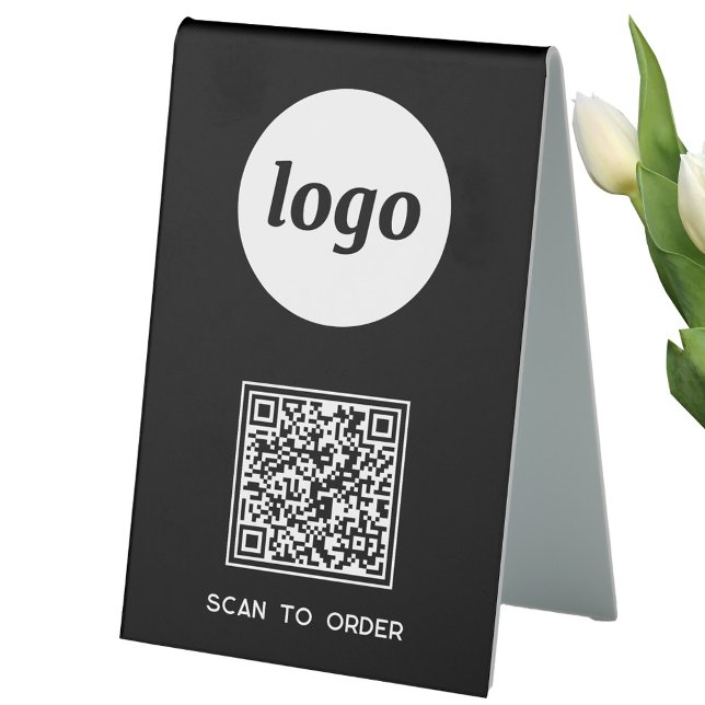 QR Code Logo Business Scan to Order Black Table Tent (Logo QR code Scan to Order table tent sign for cafe bar restaurant shop store stall business)