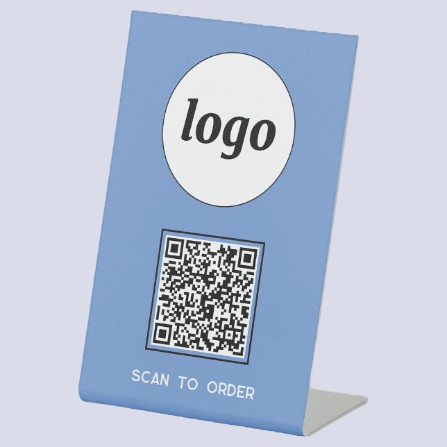 QR Code Logo Business Scan to Order Blue Pedestal Sign (Logo QR code Scan to Order table tent sign for cafe bar restaurant shop store stall business)