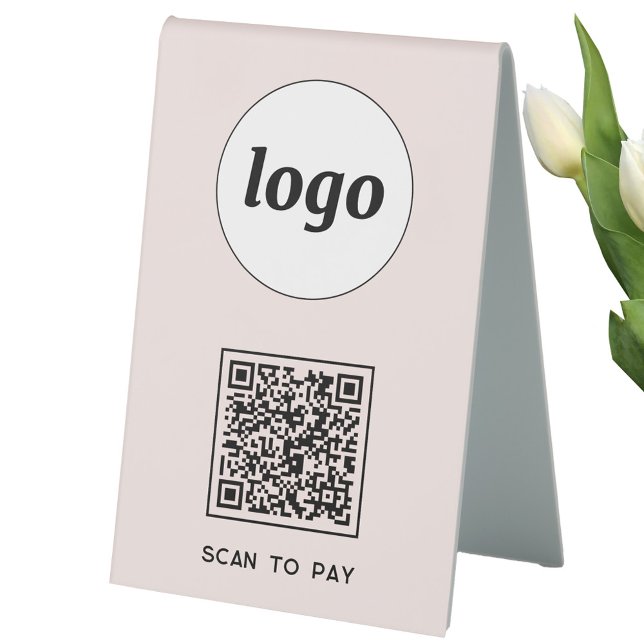 QR Code Logo Business Scan to Pay Blush Pink Table Tent (Simple logo QR code business promotional Scan To Pay table tent sign)